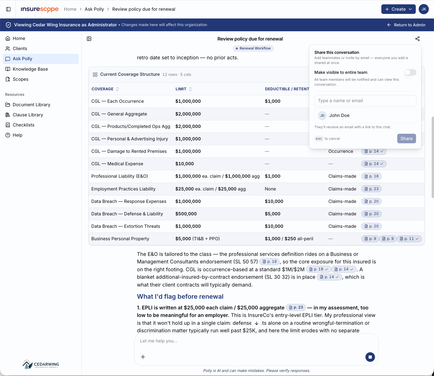 Polly renewal analysis with a source-linked coverage table and controls to share the conversation with the team