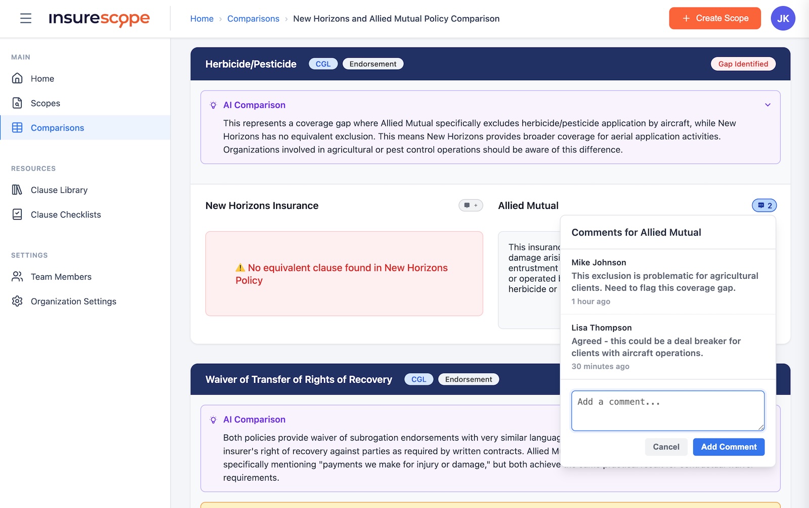 InsureScope Policy Comparison Interface